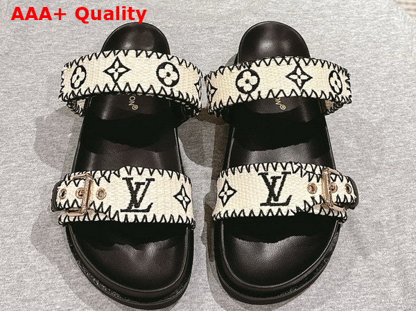 Louis Vuitton Bom Dia Flat Comfort Mule in Black and White Raffia 1ACZID Replica