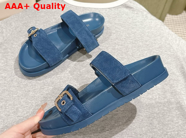 Louis Vuitton Bom Dia Flat Comfort Mule in Blue Perforated Suede Goat Leather 1ACTG2 Replica