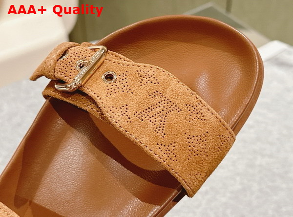 Louis Vuitton Bom Dia Flat Comfort Mule in Camel Brown Perforated Suede Goat Leather 1ACTGI Replica