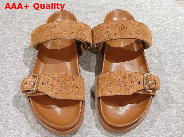 Louis Vuitton Bom Dia Flat Comfort Mule in Camel Brown Perforated Suede Goat Leather 1ACTGI Replica