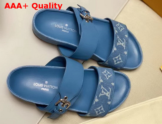 Louis Vuitton Bom Dia Flat Mules Denim Blue Monogram Denim and Calf Leather 1A7RBZ Replica