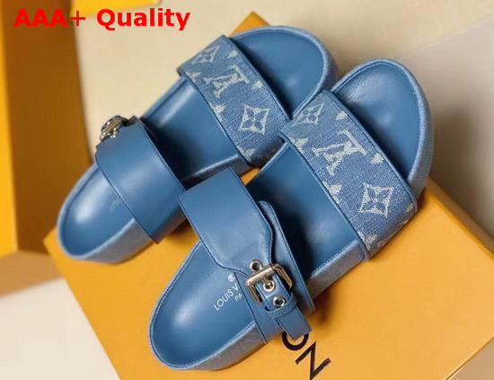 Louis Vuitton Bom Dia Flat Mules Denim Blue Monogram Denim and Calf Leather 1A7RBZ Replica