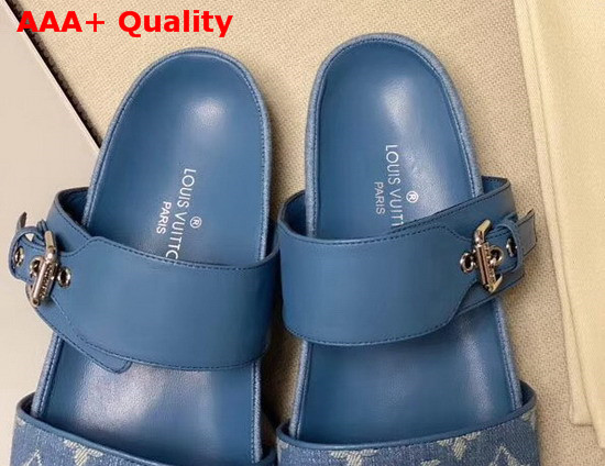 Louis Vuitton Bom Dia Flat Mules Denim Blue Monogram Denim and Calf Leather 1A7RBZ Replica