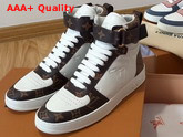 Louis Vuitton Boombox Sneaker Boot White Embossed Lamb Leather and Monogram Canvas Trim 1A5MWJ Replica