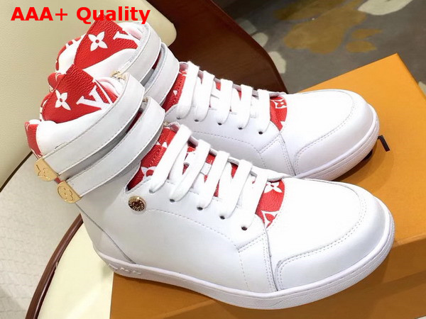 Louis Vuitton Boombox Sneaker Boot in White Calf Leather and Patent Red Monogram Canvas Replica