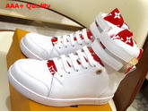 Louis Vuitton Boombox Sneaker Boot in White Calf Leather and Patent Red Monogram Canvas Replica