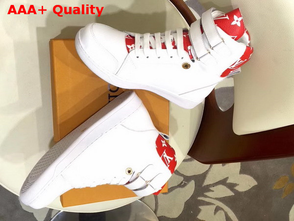 Louis Vuitton Boombox Sneaker Boot in White Calf Leather and Patent Red Monogram Canvas Replica