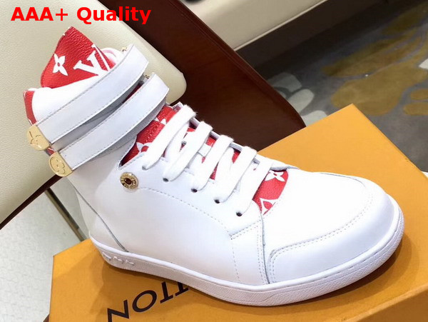 Louis Vuitton Boombox Sneaker Boot in White Calf Leather and Patent Red Monogram Canvas Replica