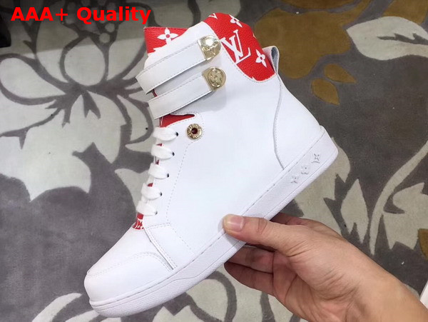 Louis Vuitton Boombox Sneaker Boot in White Calf Leather and Patent Red Monogram Canvas Replica