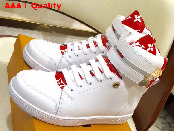 Louis Vuitton Boombox Sneaker Boot in White Calf Leather and Patent Red Monogram Canvas Replica