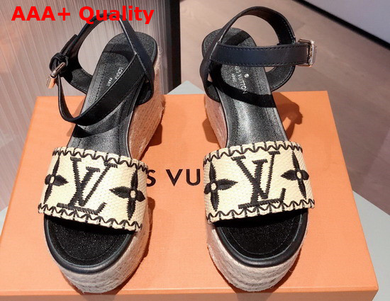 Louis Vuitton Boundary Wedge Sandal Raffia and Black Calf Leather Replica