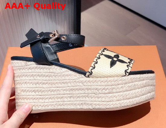 Louis Vuitton Boundary Wedge Sandal Raffia and Black Calf Leather Replica