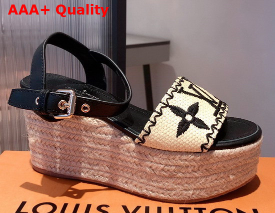 Louis Vuitton Boundary Wedge Sandal Raffia and Black Calf Leather Replica