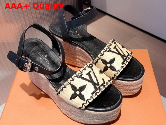 Louis Vuitton Boundary Wedge Sandal Raffia and Black Calf Leather Replica