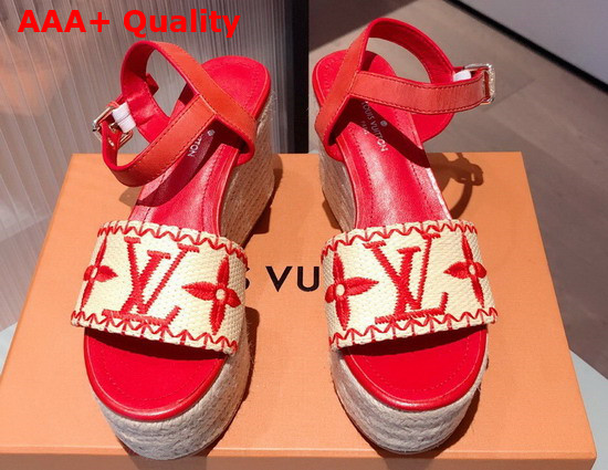 Louis Vuitton Boundary Wedge Sandal Raffia and Red Calf Leather Replica