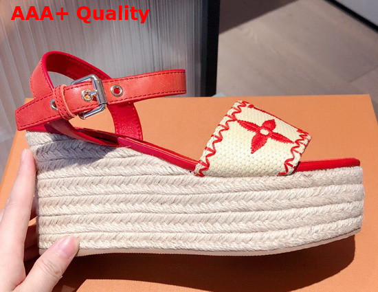 Louis Vuitton Boundary Wedge Sandal Raffia and Red Calf Leather Replica