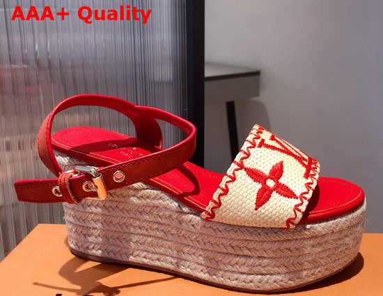 Louis Vuitton Boundary Wedge Sandal Raffia and Red Calf Leather Replica