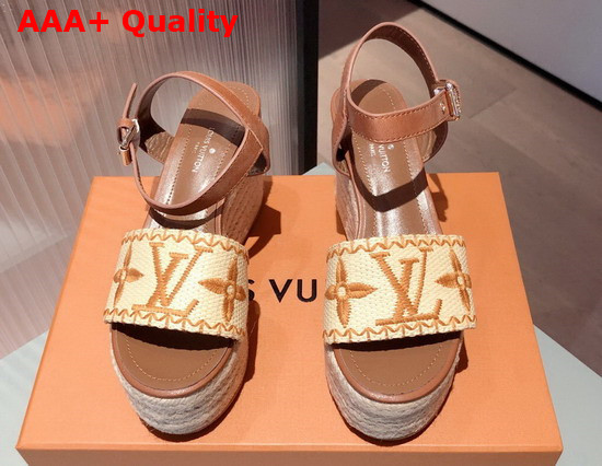 Louis Vuitton Boundary Wedge Sandal Raffia and Tan Calf Leather 1A8TG3 Replica