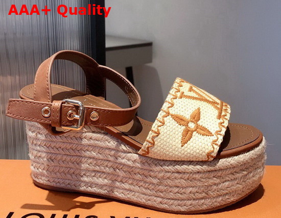 Louis Vuitton Boundary Wedge Sandal Raffia and Tan Calf Leather 1A8TG3 Replica