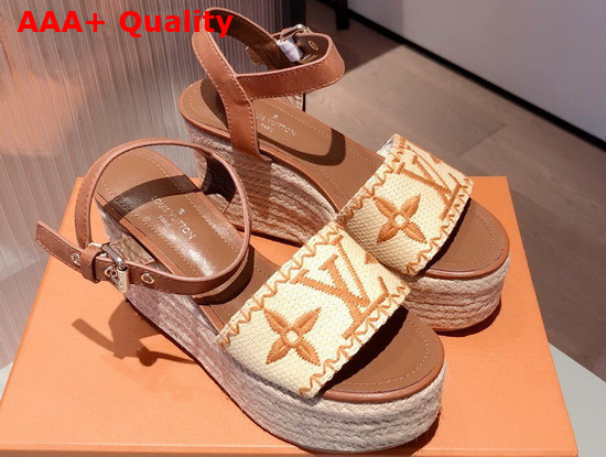 Louis Vuitton Boundary Wedge Sandal Raffia and Tan Calf Leather 1A8TG3 Replica