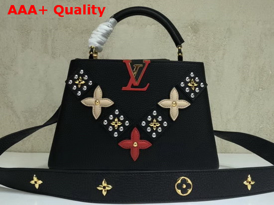 Louis Vuitton Capucines BB Black Taurillon Skin with Taiga Leather Details and Shiny Golden Monogram Blossoms Replica