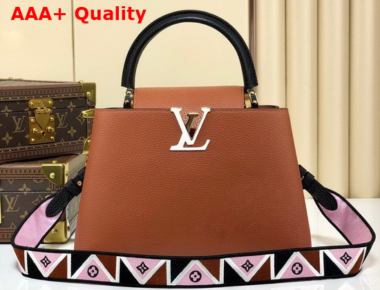 Louis Vuitton Capucines BB Handbag Gold Noir Taurillon Leather and Features a Wide Colorful Strap M59266 Replica