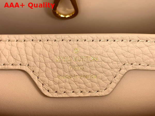 Louis Vuitton Capucines BB Handbag Quartz White Taurillon Leather Gold Color and Multicolor Finish Hardware Replica