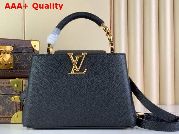 Louis Vuitton Capucines BB Handbag in Black Taurillon Leather with Golden Monogram Blossom in Metal M24698 Replica