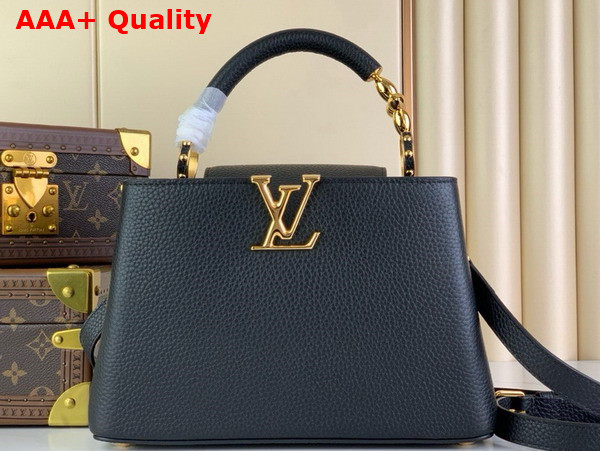 Louis Vuitton Capucines BB Handbag in Black Taurillon Leather with Golden Monogram Blossom in Metal M24698 Replica