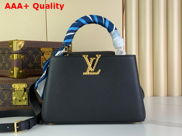 Louis Vuitton Capucines BB Handbag in Black Taurillon Leather with Scarf Wrapped Around the Top Handle Replica