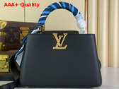 Louis Vuitton Capucines BB Handbag in Black Taurillon Leather with Scarf Wrapped Around the Top Handle Replica