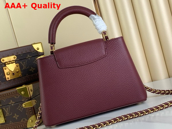 Louis Vuitton Capucines BB Handbag in Burgundy Taurillon Leather with Gold Color Monogram Flowers Replica