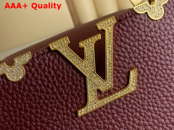 Louis Vuitton Capucines BB Handbag in Burgundy Taurillon Leather with Gold Color Monogram Flowers Replica