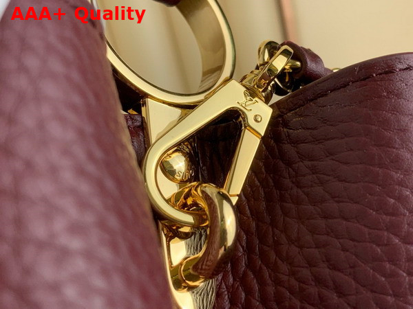 Louis Vuitton Capucines BB Handbag in Burgundy Taurillon Leather with Gold Color Monogram Flowers Replica