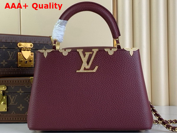 Louis Vuitton Capucines BB Handbag in Burgundy Taurillon Leather with Gold Color Monogram Flowers Replica