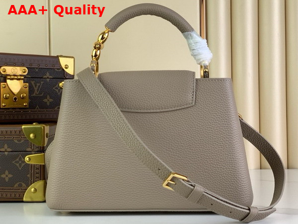 Louis Vuitton Capucines BB Handbag in Galet Gray Taurillon Leather with Golden Monogram Blossom in Metal Replica