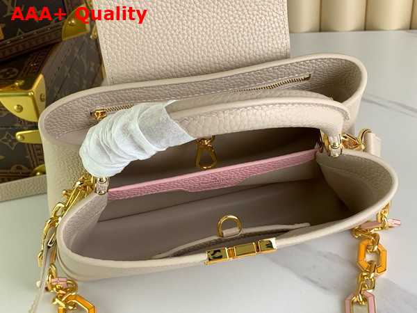 Louis Vuitton Capucines BB Handbag in Quartz White Taurillon Leather The Links are Decorated with Jewel Like Enamel M24684 Replica