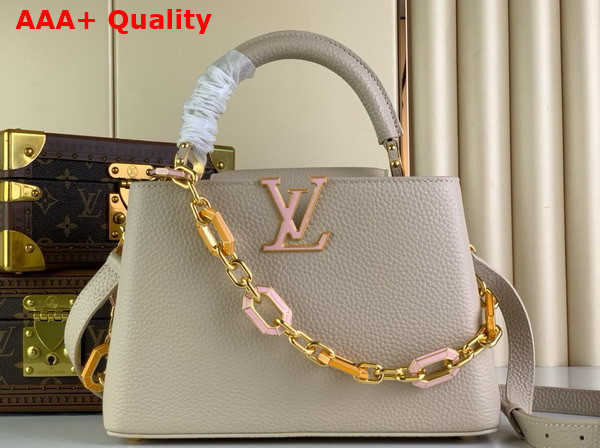 Louis Vuitton Capucines BB Handbag in Quartz White Taurillon Leather The Links are Decorated with Jewel Like Enamel M24684 Replica