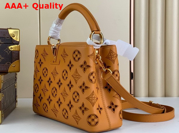 Louis Vuitton Capucines BB Handbag in Saffron Yellow Calfskin Perforated with the Monogram Pattern Replica