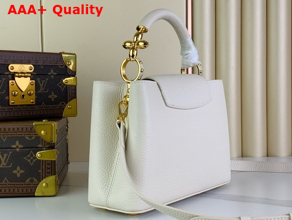 Louis Vuitton Capucines BB Handbag in Snow White Taurillon Leather with Golden Monogram Blossom in Metal Replica