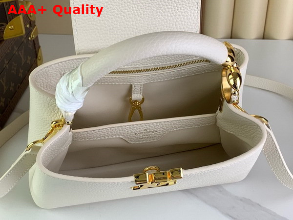 Louis Vuitton Capucines BB Handbag in Snow White Taurillon Leather with Golden Monogram Blossom in Metal Replica