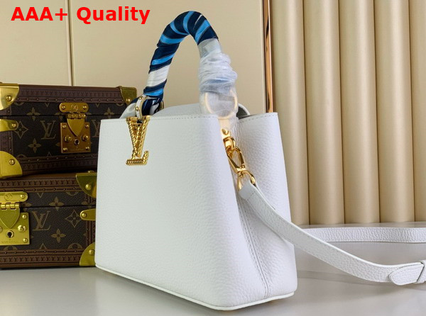 Louis Vuitton Capucines BB Handbag in Snow White Taurillon Leather with Scarf Wrapped Around the Top Handle M24673 Replica