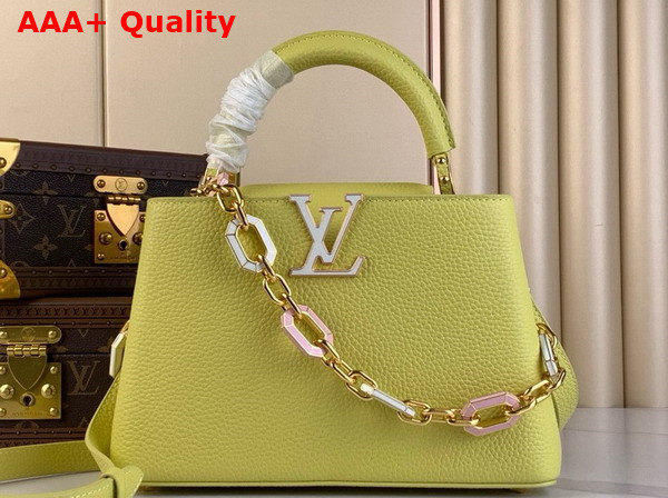 Louis Vuitton Capucines BB Handbag in Sun Beam Yellow Taurillon Leather Features a Joyfully Arty Enameled Chain Replica