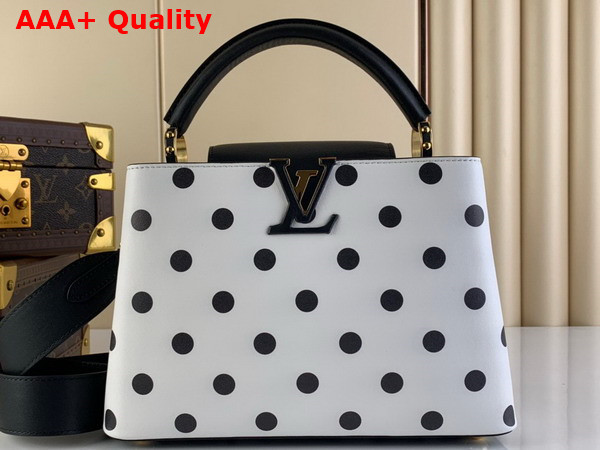 Louis Vuitton Capucines BB Handbag in White Calfskin with a Graphic Pattern of Black Polka Dots M20373 Replica