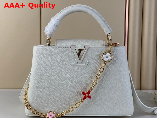 Louis Vuitton Capucines BB Handbag in White Taurillon Leather Gold Color Chain Adorned with Colored Monogram Flowers Replica