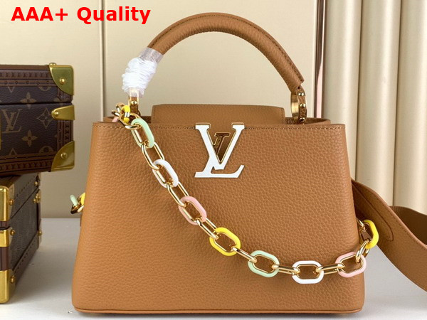 Louis Vuitton Capucines BB Handbags in Hazelnut Brown Taurillon Leather with Multicolored Chain Replica