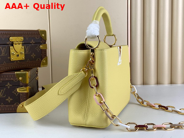 Louis Vuitton Capucines BB Handbags in Jaune Plume Yellow Taurillon Leather with Multicolored Chain Replica