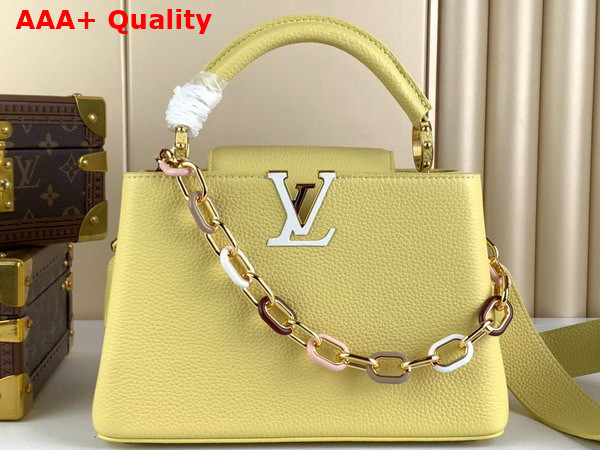 Louis Vuitton Capucines BB Handbags in Jaune Plume Yellow Taurillon Leather with Multicolored Chain Replica