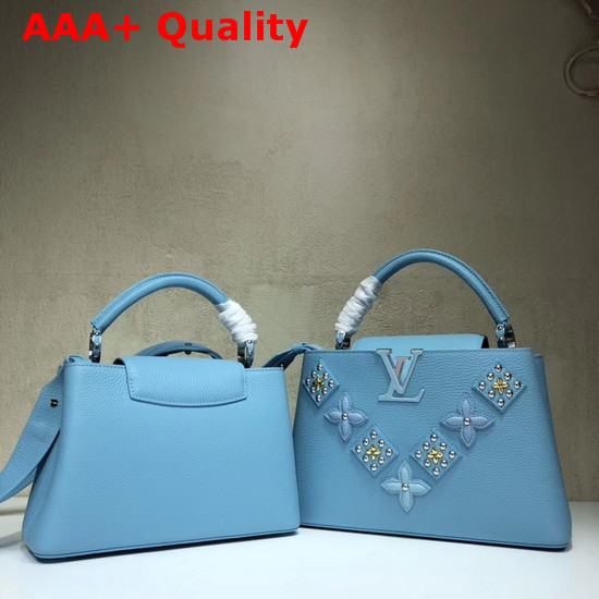 Louis Vuitton Capucines BB Sky Blue Taurillon Skin Alternate with Metal Studded Taiga Leather Patches Replica