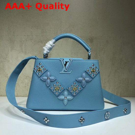 Louis Vuitton Capucines BB Sky Blue Taurillon Skin Alternate with Metal Studded Taiga Leather Patches Replica